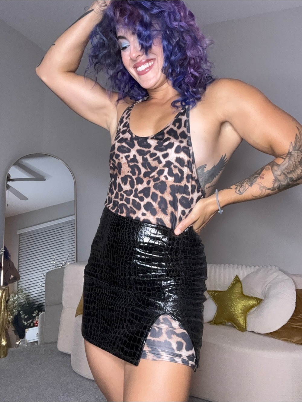 3pc outfit: leopard romper/ lace top/ black leather like mini skirt - Picture 14 of 16